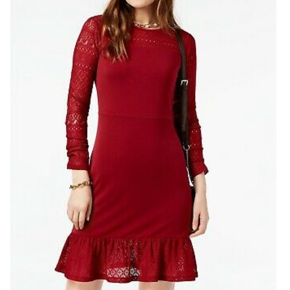 MICHAEL Michael Kors Maroon Red Pointelle Trim Long Sleeve Flounce Dress Sz 1X